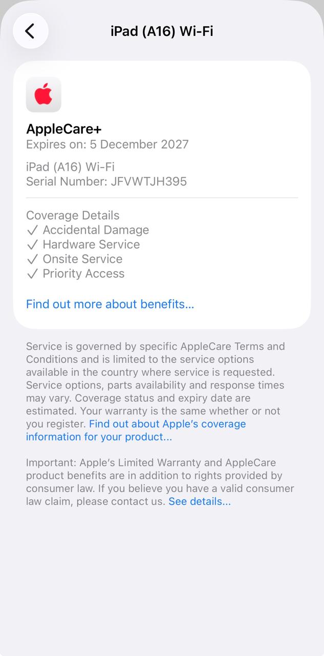 iPad A16 11th gen 128gb with (AppleCare +)