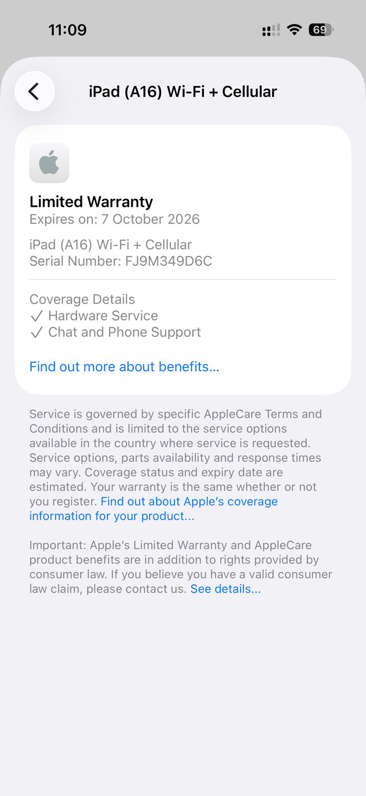 iPad A16 11th Gen cellular plus Wi-Fi- warranty